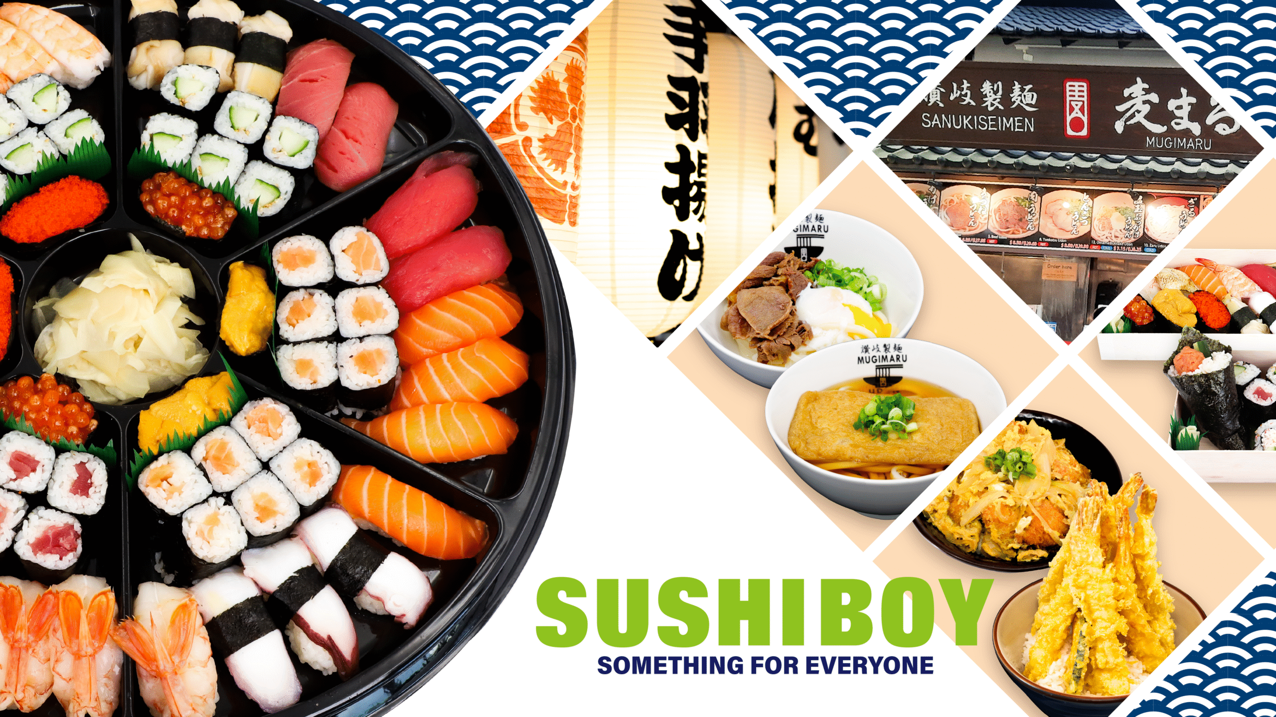 A collage featuring assorted sushi platters, Japanese lanterns, bowls of udon